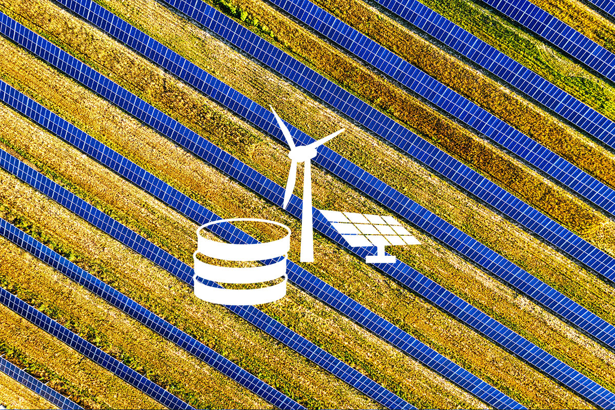 solar panels background with a white icon of coins, windmill, and solar panel