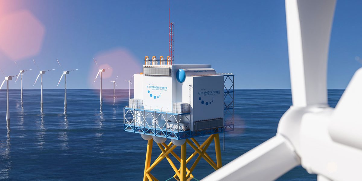 Hydrogen renewable offshore energy production - hydrogen gas for clean electricity solar and windturbine facility. 3d rendering.