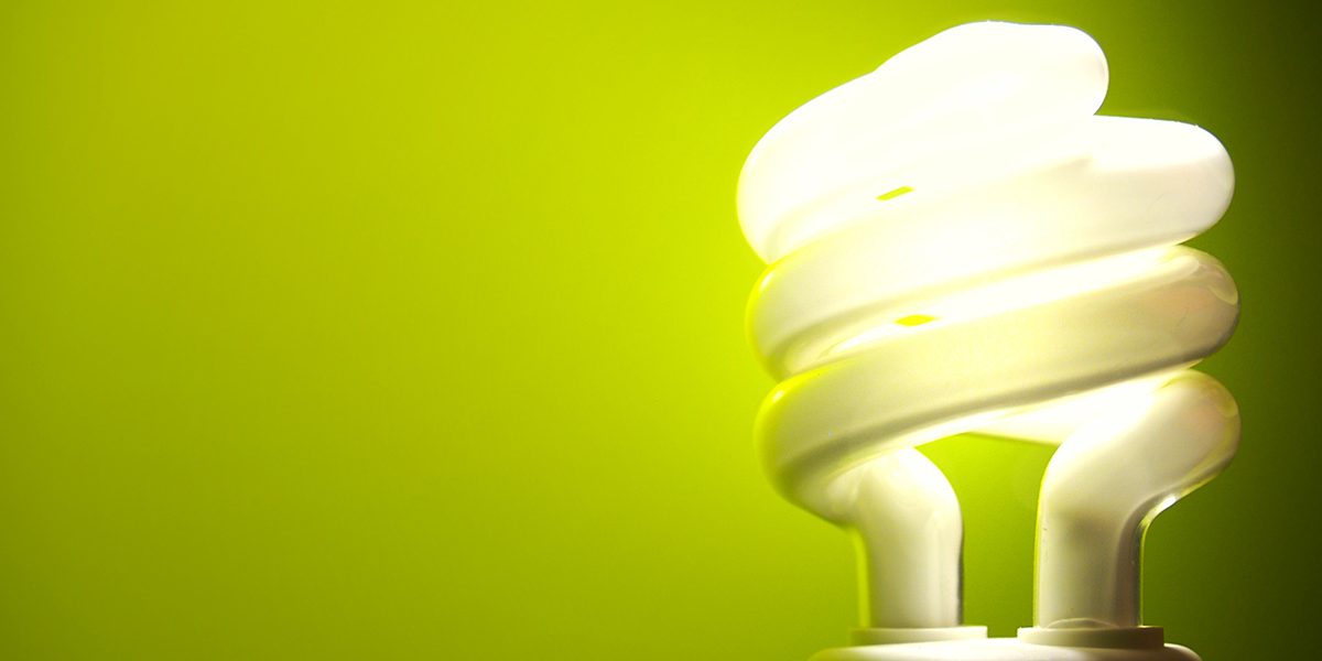 An energy saving light bulb on a green background.