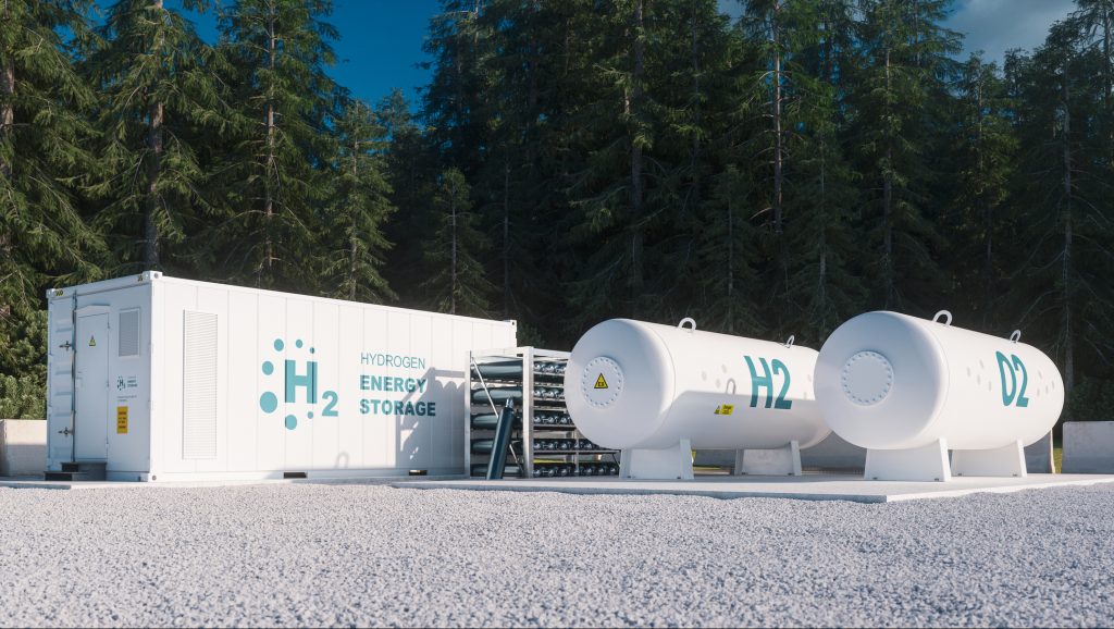 Environmentally friendly solution of renewable energy storage - hydrogen gas to clean electricity facility situated in forest environment. 3d rendering.